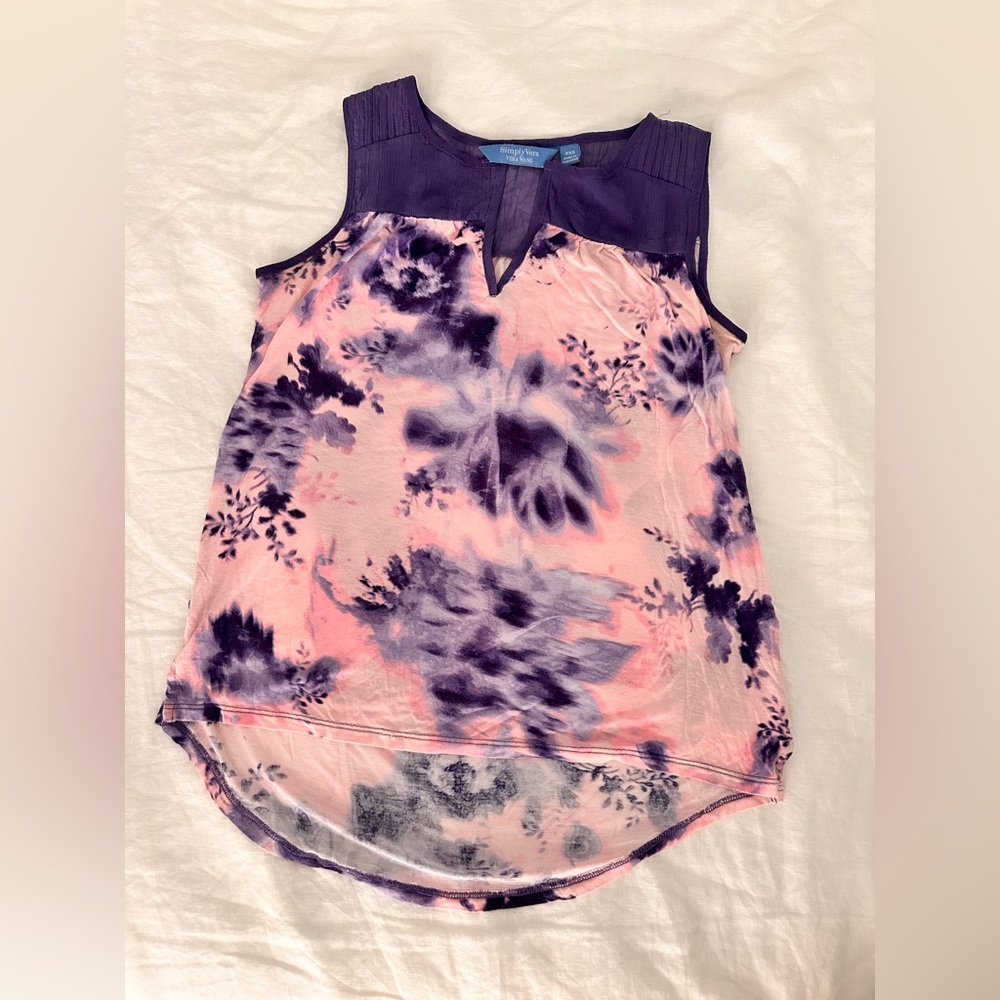 Simply Vera Vera Wang Pink and Purple Floral Notch-Neck Sleeveless Top
